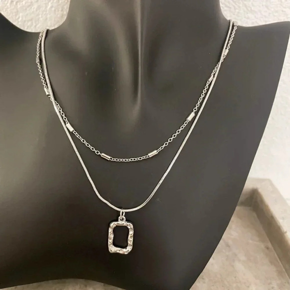 925 Sterling Silver Necklace Set Geometric Textured Square Pendant Sequin Chain - Picture 2 of 11